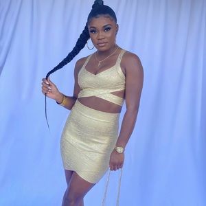 Two piece gold metallic skirt set